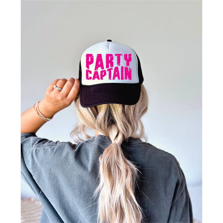 Party Captain DTF Printed Black and White Trucker Hat for wholesale by Southern Attitude Designs Inc