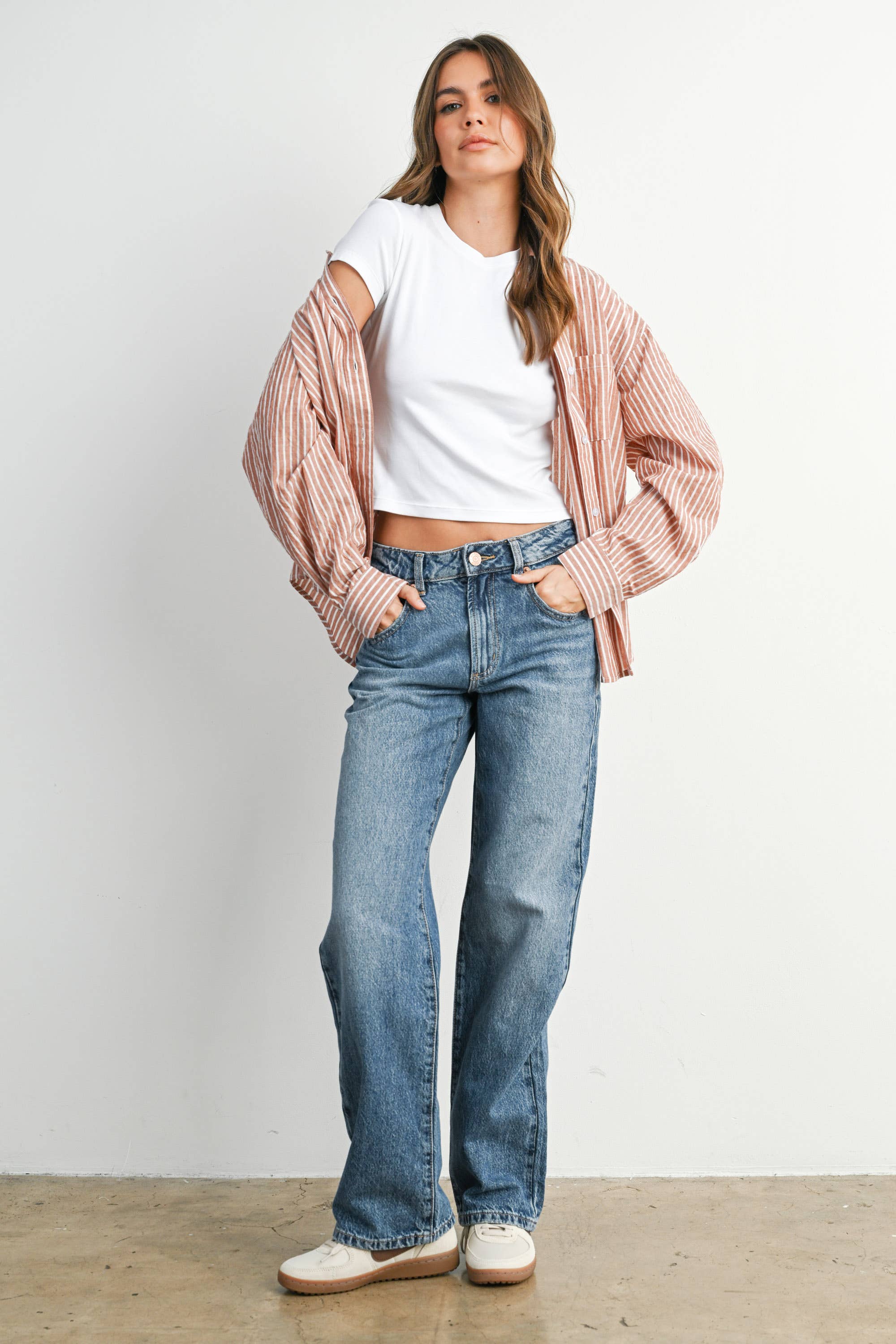 BUTTERMELON - Vente Chemise à col boutonné – femme - Haut à manches longues à rayures et col boutonné raccourci - BMT791513