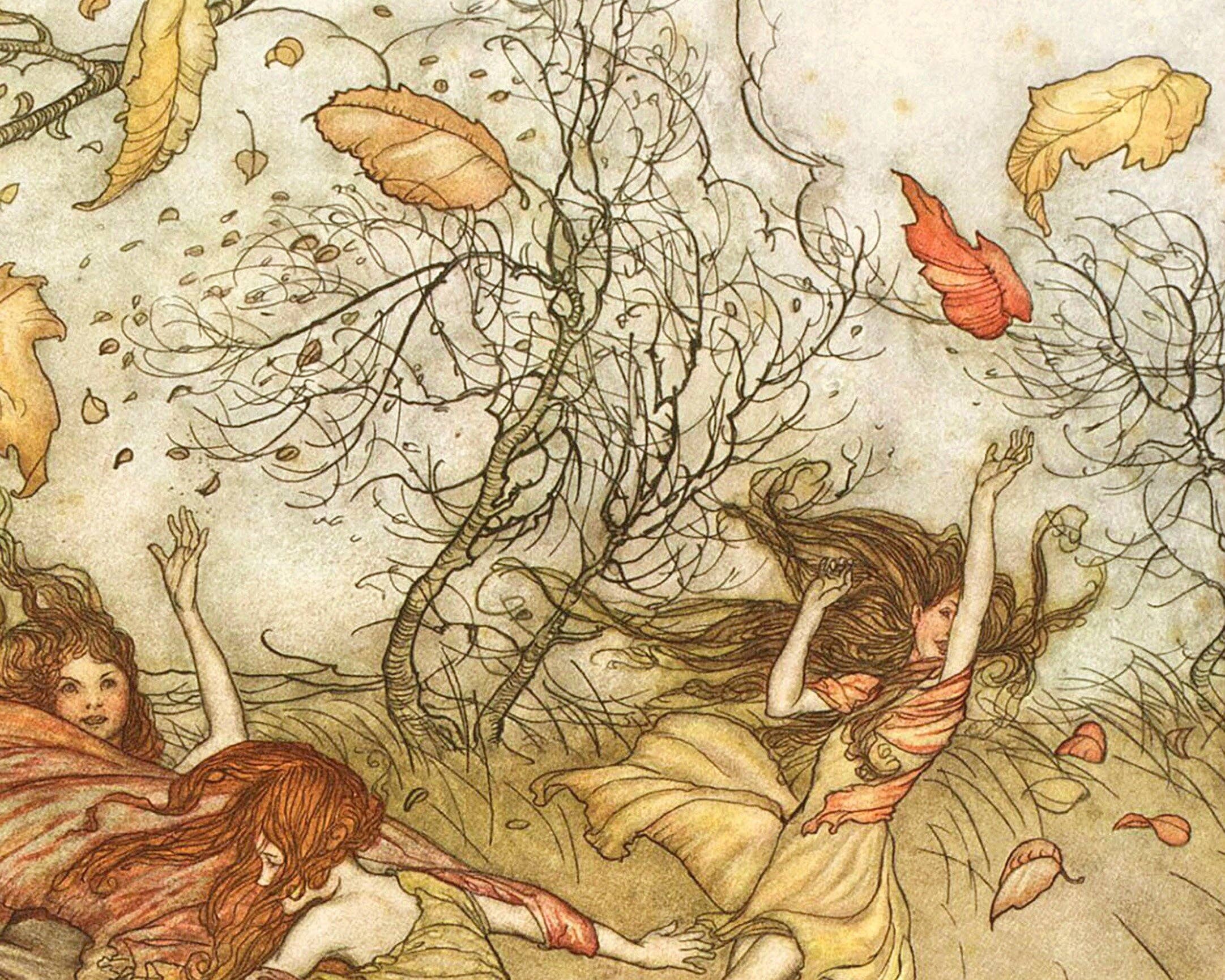 Rock Paper Scissors Wall Art - Wholesale Art Print - Fall fairies art print | Arthur Rackham illustration | Vintage woodland wall art | Fairytale painting | Peter Pan | Autumn wall art3