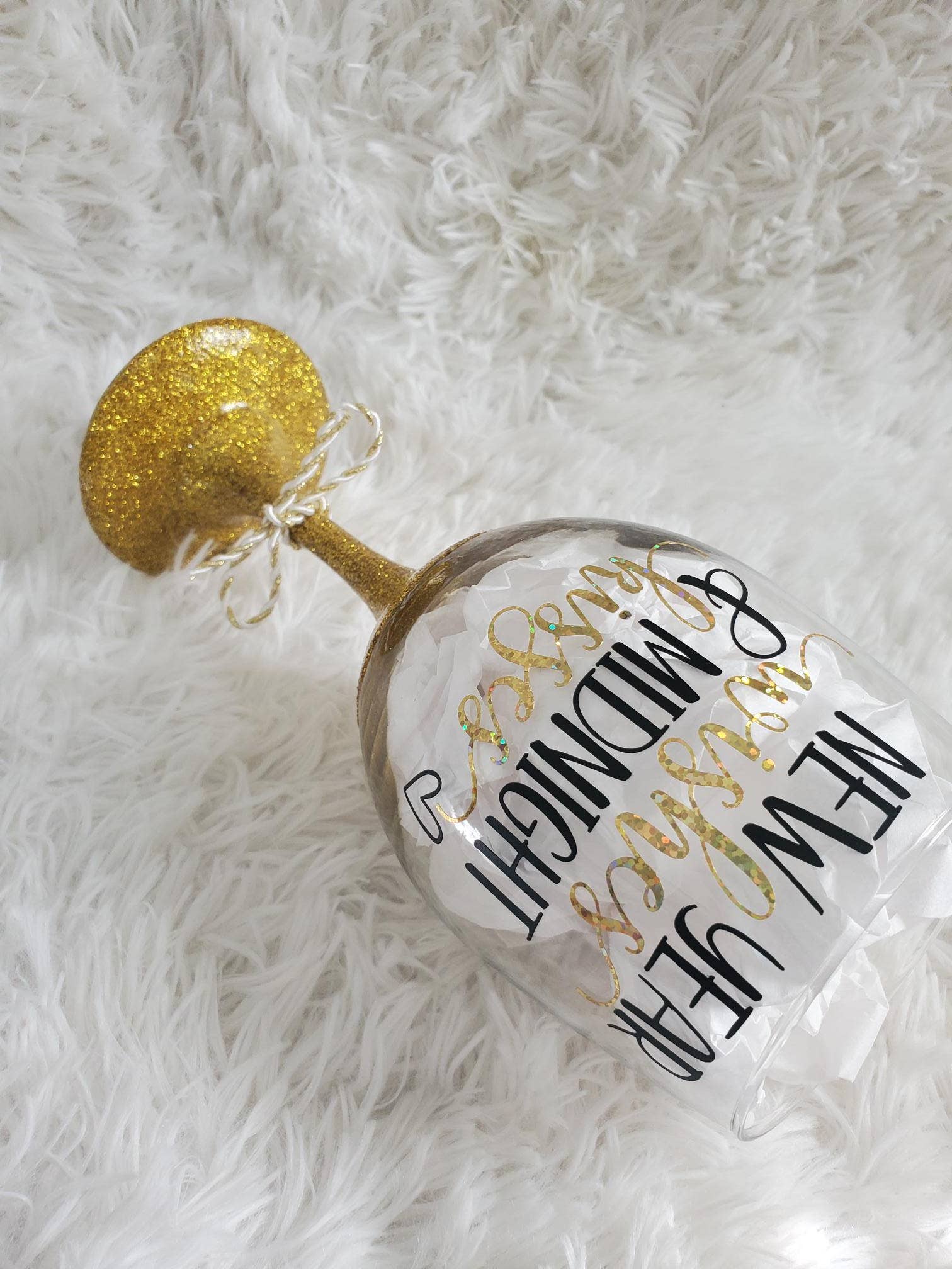 Tots And Tumblers Art - Wholesale Wine Glass - New Years Wishes Midnight Kisses Gold Glittered Stemmed Wine2