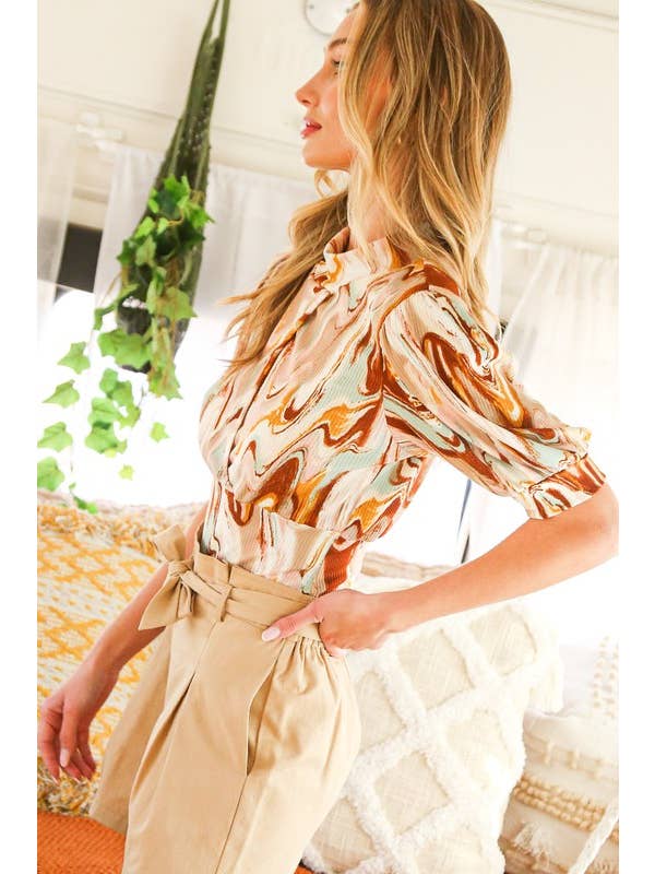 Vine & Love - Vente Haut en maille – femme - Haut en maille à manches courtes bouffantes ouvertes avec col montant VT8116717