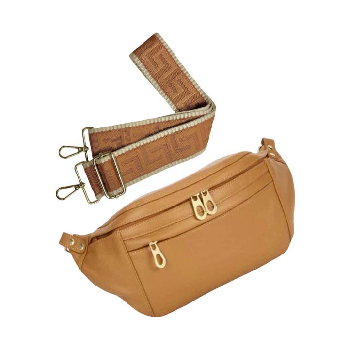 Caramel Leather Poppy Sling Bag with Greek Key Strap for wholesale by ALLIE JUNE