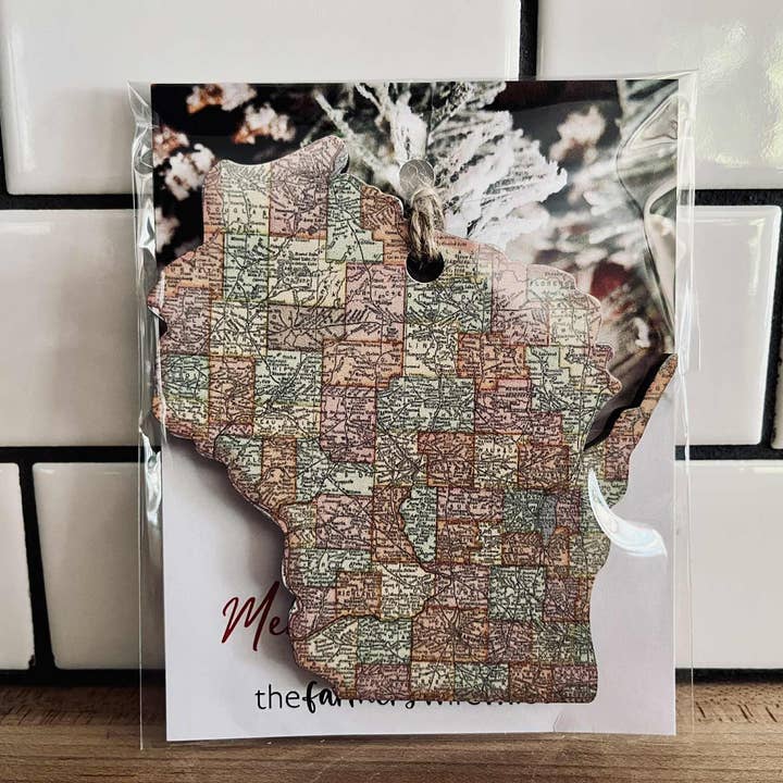 The Farmer's Wife – Großhandel Verzierung – Wisconsin-Kartenornament – Vintage-Staat-Weihnachtsbaumdekoration, rustikales Ahornholz-Urlaubsornament, handgefertigtes Wisconsin-Geschenkdekor3