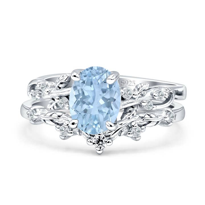 Two Piece Oval Aquamarine CZ Chevron Rings for wholesale on Faire
