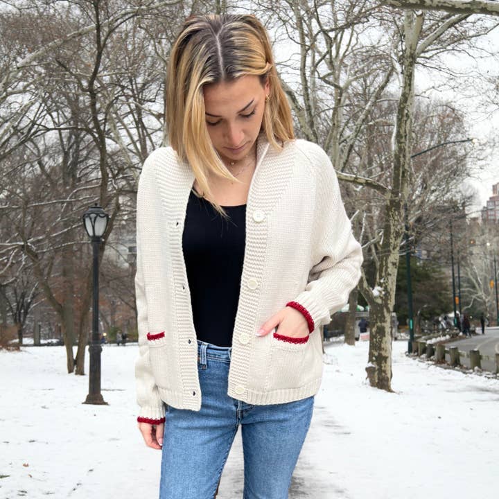 Pink Pineapple - Wholesale Cardigan - Women's - Varsity Chunky Heart Ski Cardigan-Ivory