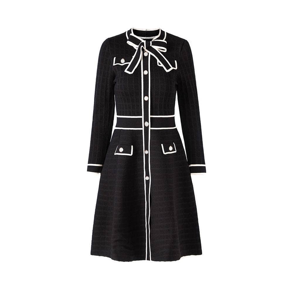 Productseeker - Wholesale Dress - Women's - DR831Y Elegant Cream Knit Bow-Tie Trim A-Line Dress2