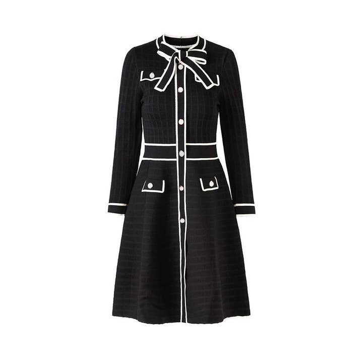 Productseeker - Wholesale Dress – Women's - DR831Y Elegant Cream Knit Bow-Tie Trim A-Line Dress2