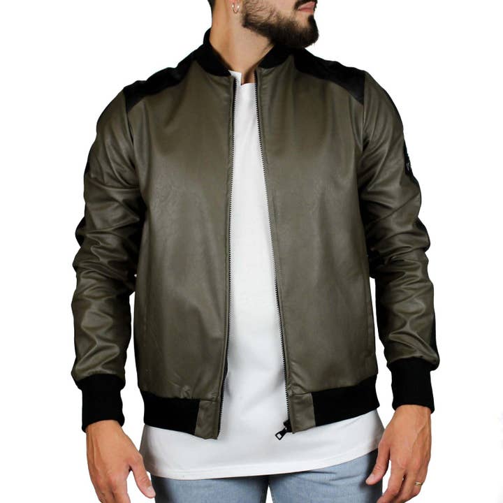 Bomber van ecologisch leer in duifgrijs en zwart voor wholesale door Vinto Exclusive