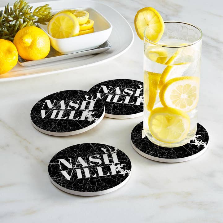 Love Local - Wholesale Coasters - Minimalist B&W Tennessee Nashville M|Rnd Coasters Set 4
