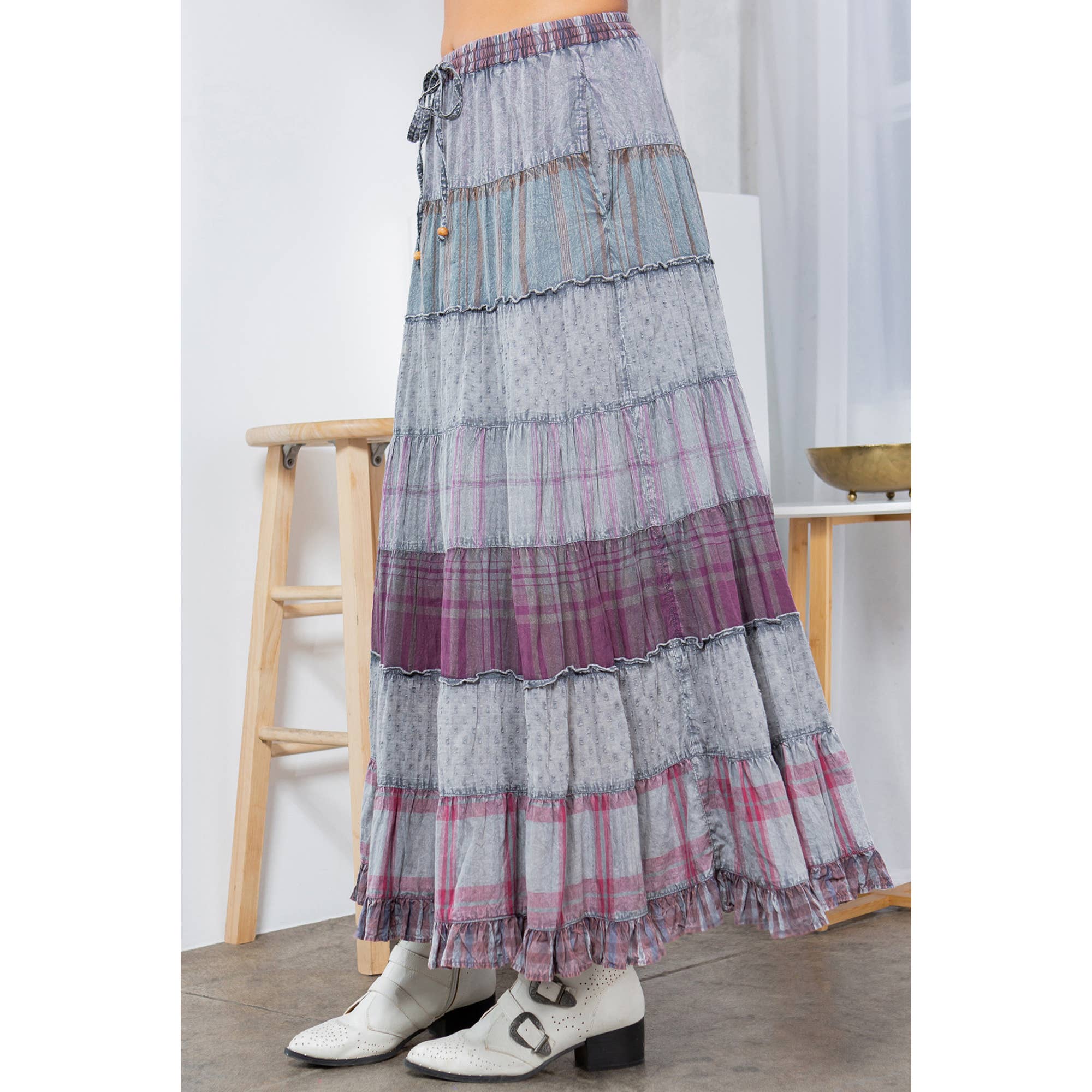 Young Threads - Wholesale Skirt - Women's - Vintage Vibes: Crinkled Tiered Skirt With Mixed Cotton Dobby6