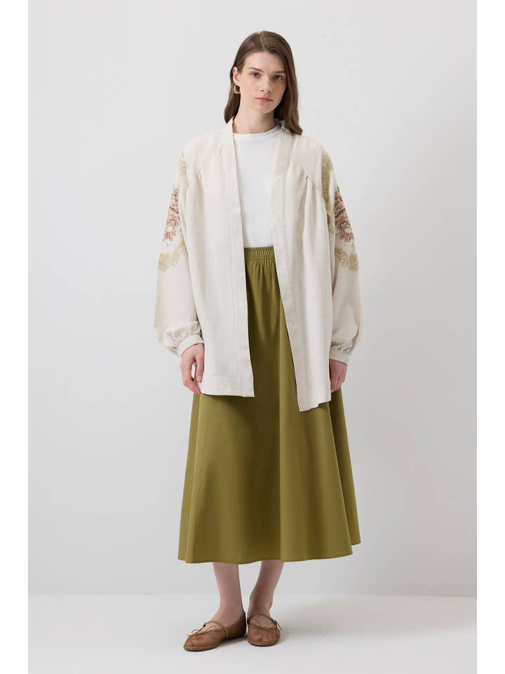 Natural LINEN TEXTURED EMBROIDERED KIMONO for wholesale on Faire