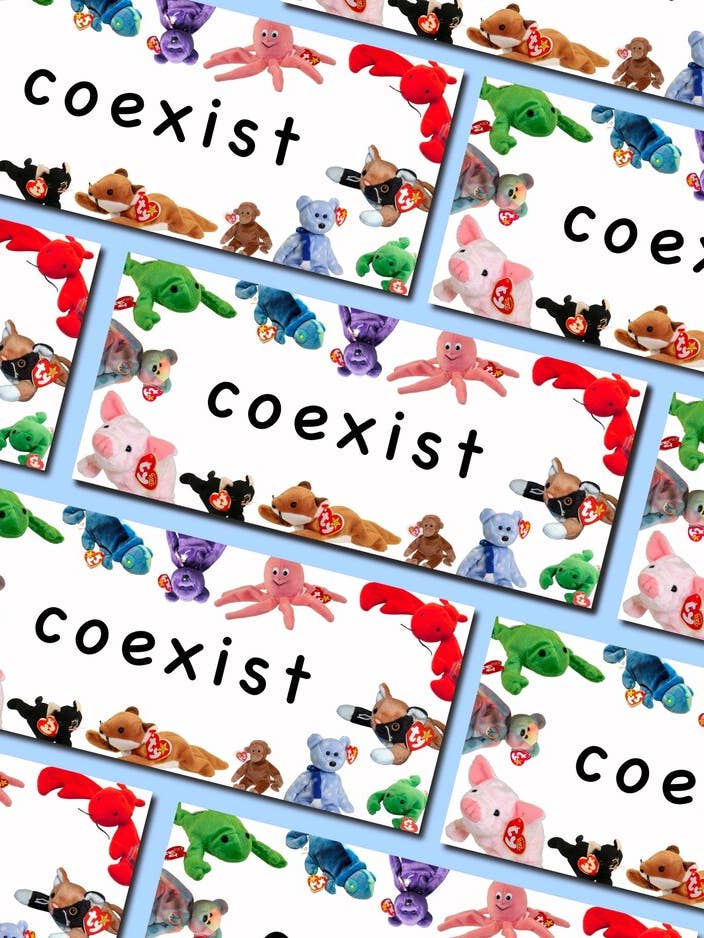COEXIST Beanie Baby Sticker for wholesale by The Clay Agenda