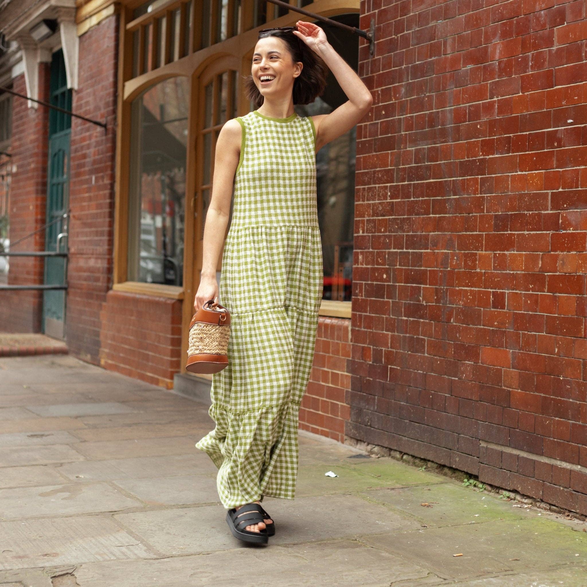 Cara & The Sky - Wholesale Dress - Women's - Paula Gingham Cotton Knitted Maxi Dress - Green2