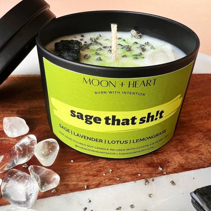 Vela Sage Tho Shit Intention com cristais | Vela Manifestante | Velas frias | Vela com infusão de cristal por atacado de The Moon+Heart