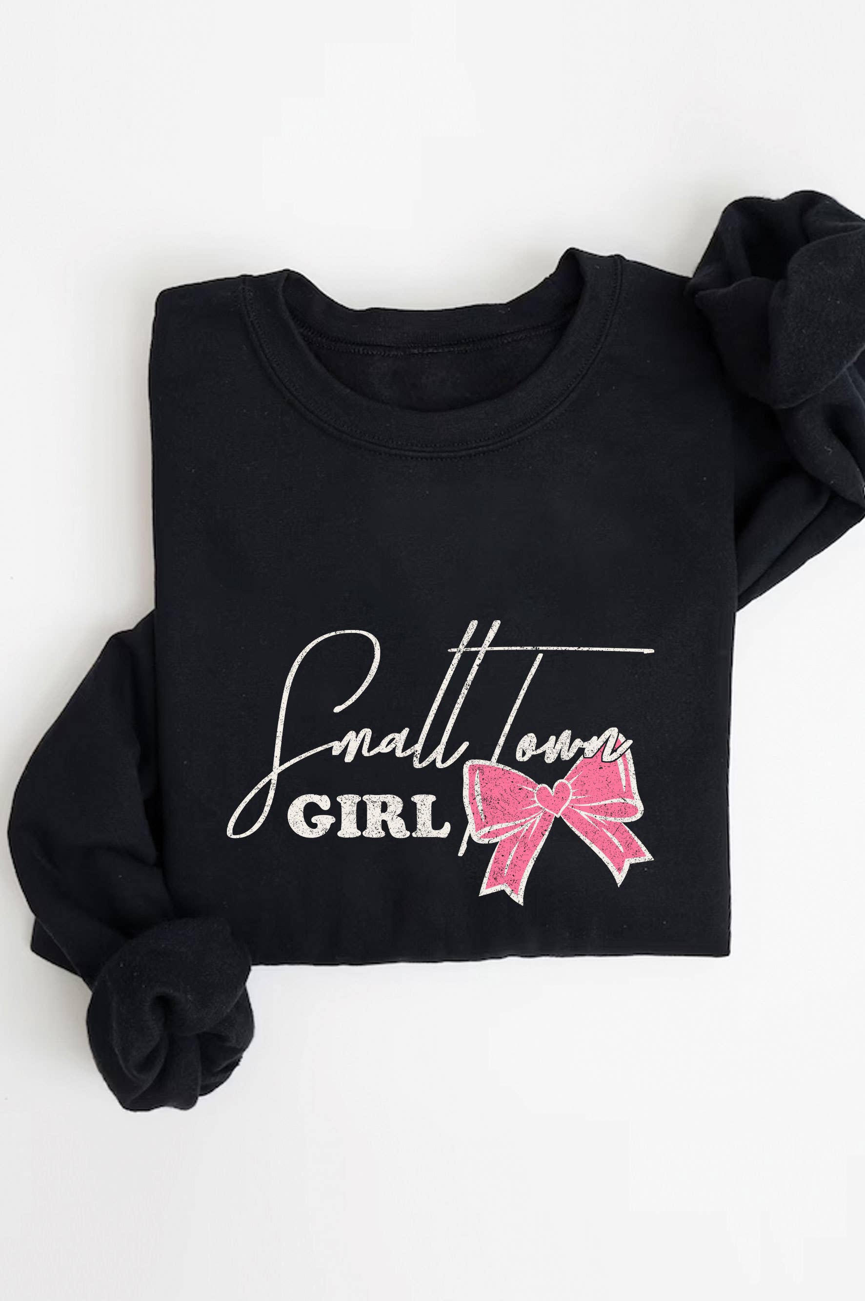 Rustee Clothing – Engroshandel Grafisk Sweatshirt - Dame – SMALL TOWN GIRL RIBBON BOW MINERAL BRUSHED SWEATSHIRTS1