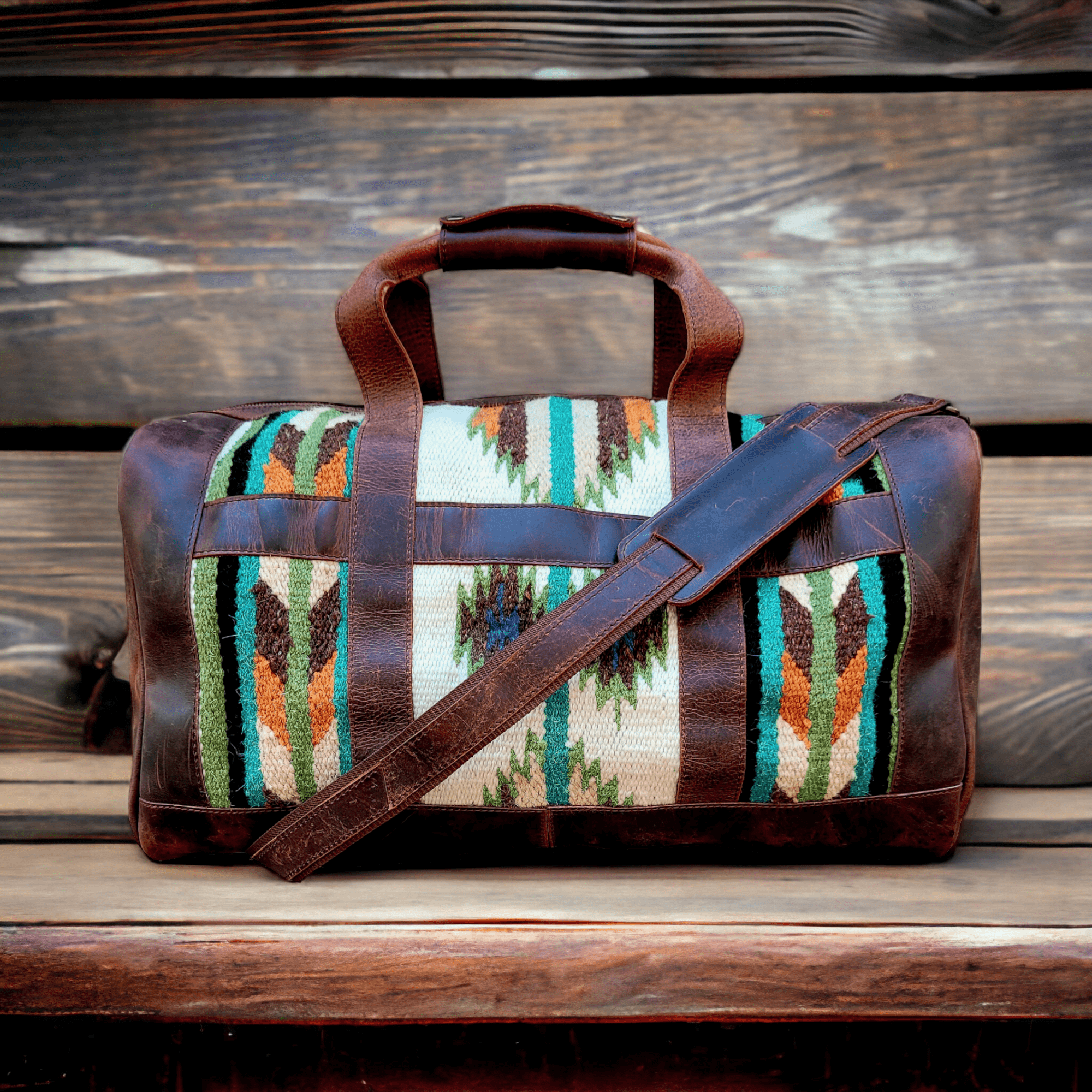 Ranch Junkie - Wholesale Weekender Bag - Unisex - Southwestern Saddle Blanket Aztec Weekender Aspen Leather Duffel Bag1