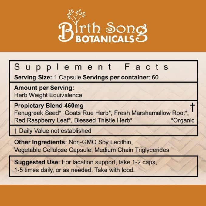 Birth Song Botanicals Co. - Wholesale Oral Supplement/Vitamin - Let There Be Milk! Liquid Herbal Breastfeeding Capsules 60 Ct.6
