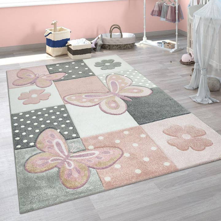 Kids Room Rug Pink Butterflies and Check Pattern for wholesale by Paco Home