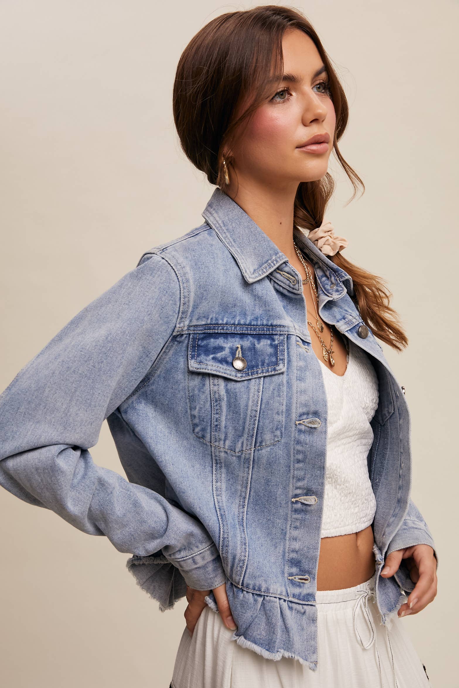 Listicle - Wholesale Denim Jacket - Women's - Ruffled Hem Denim Jacket LJ02367