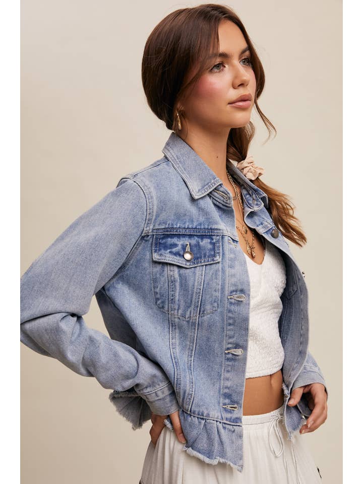 Listicle - Wholesale Denim Jacket - Women's - Ruffled Hem Denim Jacket LJ02367