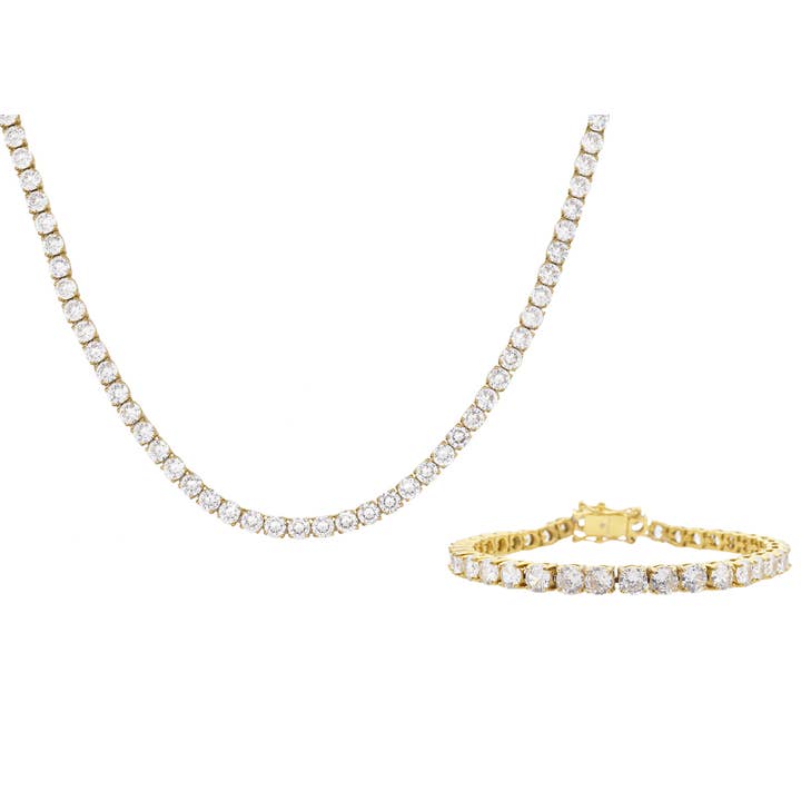 Men's Gold Plated Stainless Steel 5mm Cubic Zirconia Tennis Bracelet And Necklace Set for wholesale by Blackjack Mens Jewelry