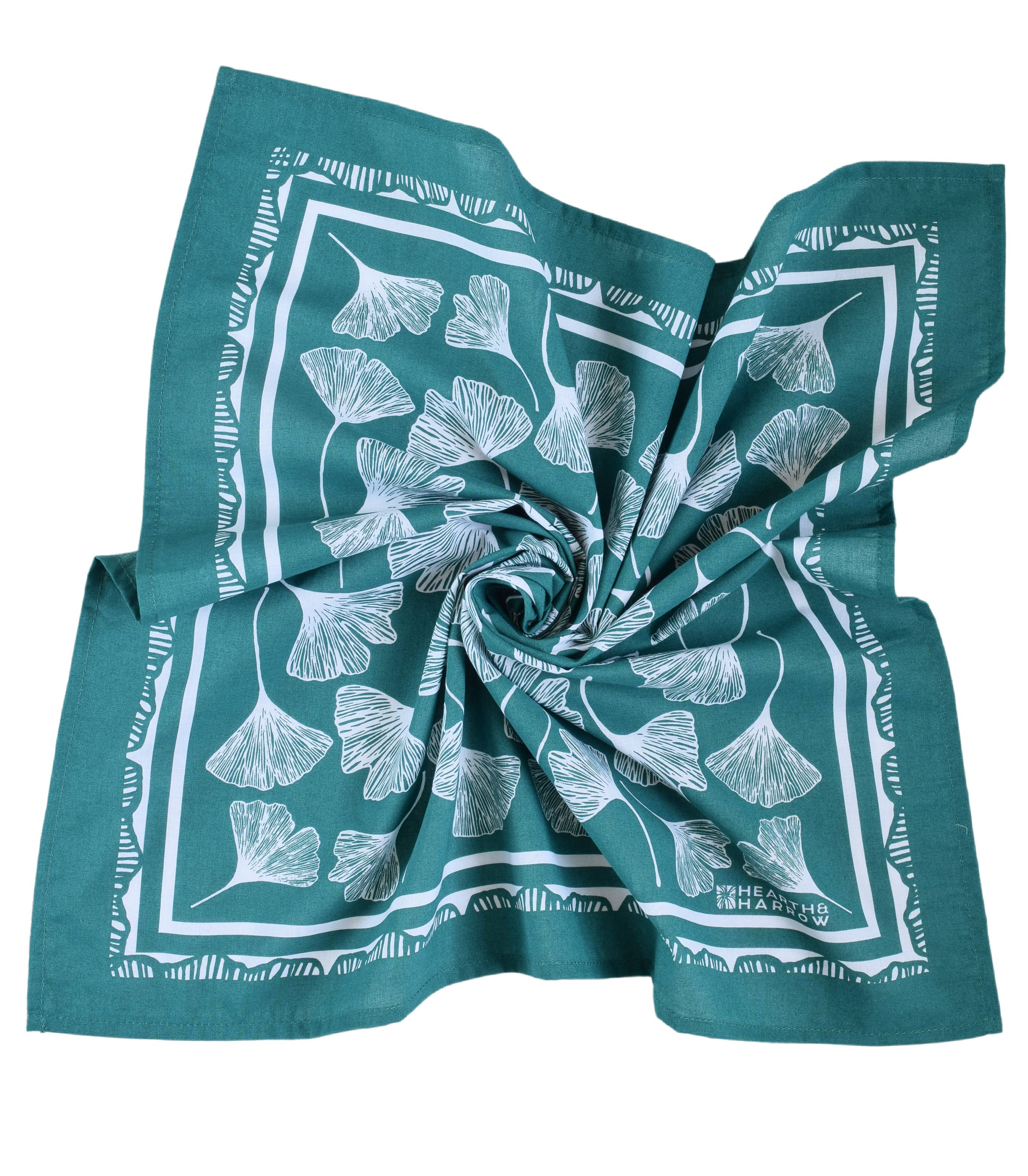 Hearth and Harrow - Wholesale Bandana - Unisex - Ginkgo Leaf Bandana - 100% Cotton - Hand Printed - Green7