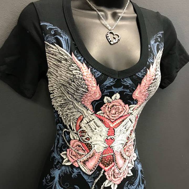 Punk T-shirt met korte mouwen en V-hals en print voor wholesale door Tourtiwi