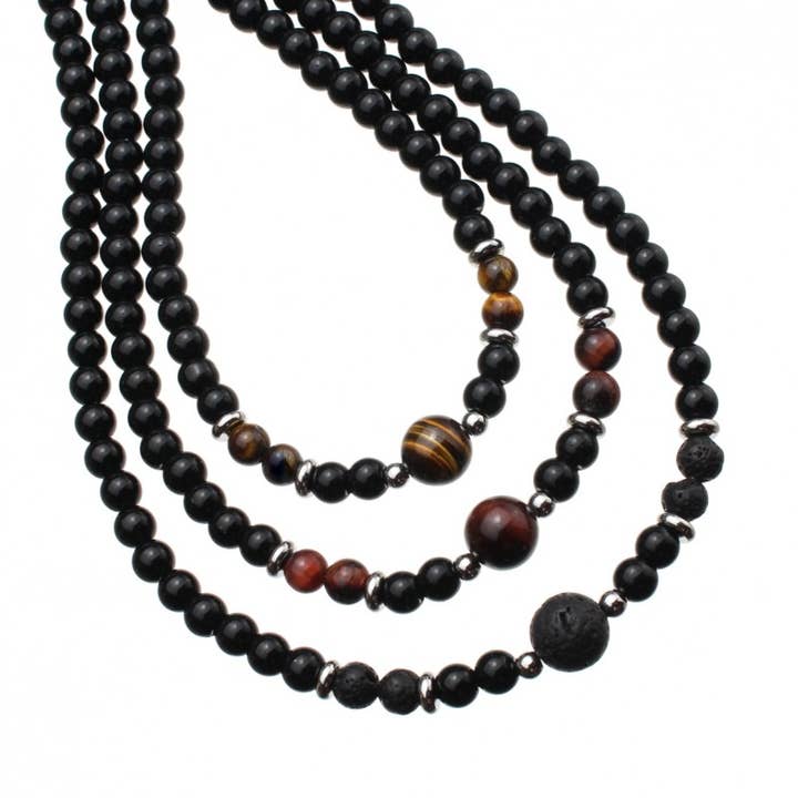 Obsidian, Steel, and Natural Stone Necklace for wholesale by UniArt