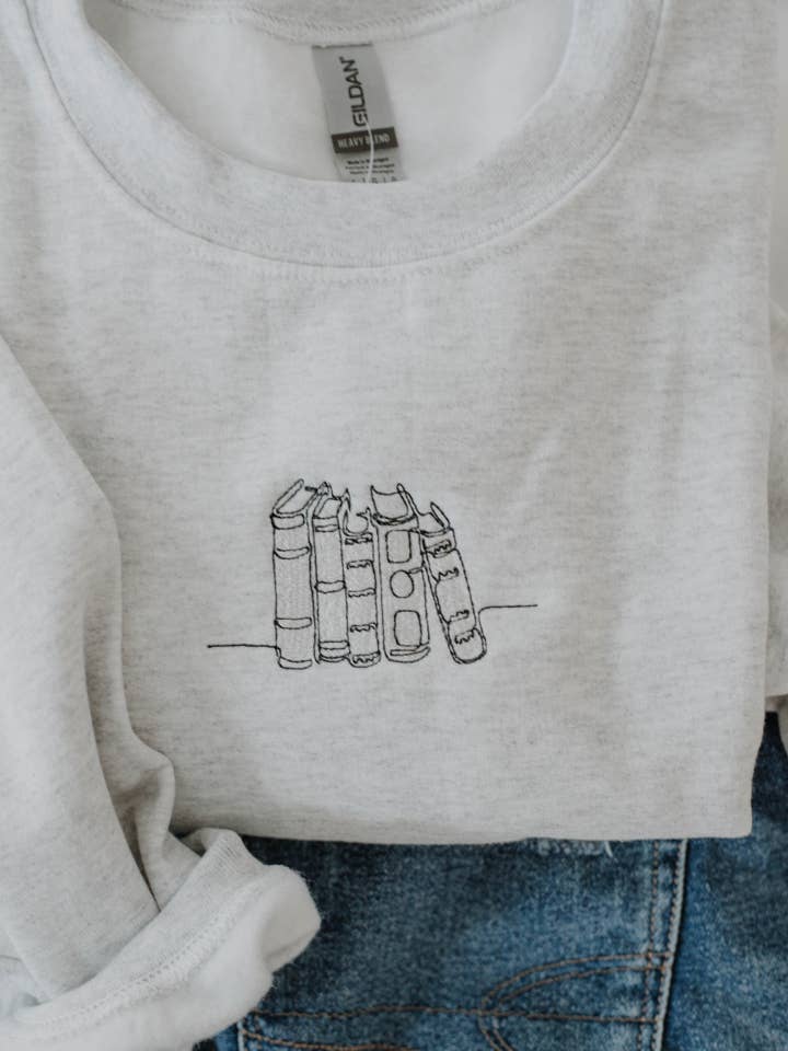 Embroidered Book Stack Book Lover Crewneck for wholesale by Rooted Grace Co