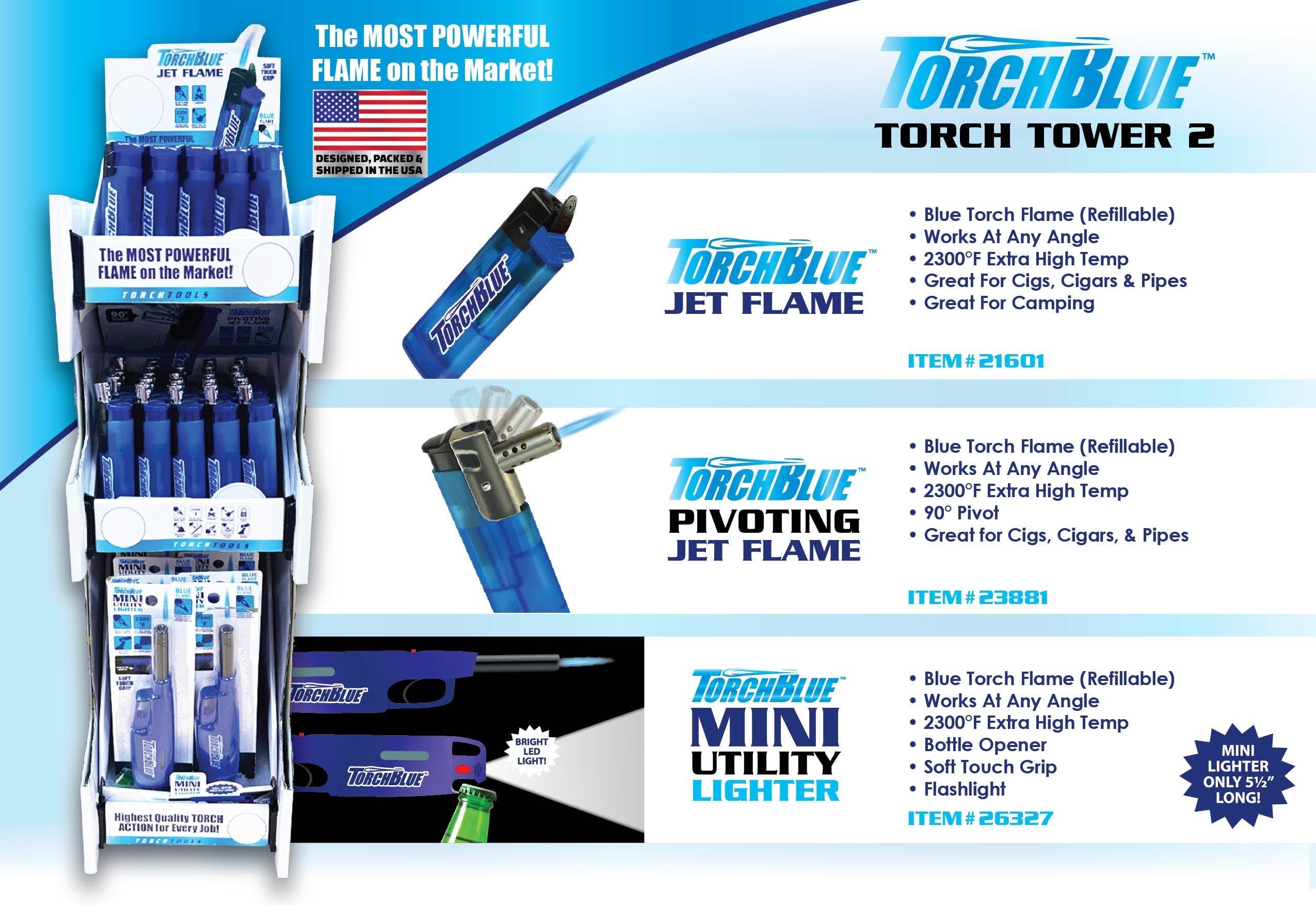 Novelty Brands - Wholesale Retailer Display - Home & Living - Torch Blue Assorted Torch Lighter 3 Tier Countertop Display 15