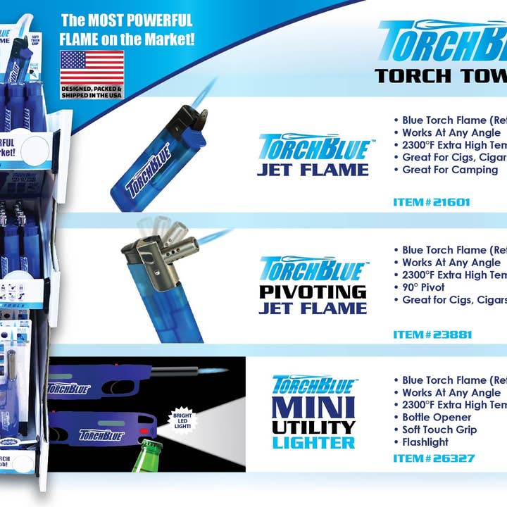 Novelty Brands - Wholesale Retailer Display - Home & Living - Torch Blue Assorted Torch Lighter 3 Tier Countertop Display 15