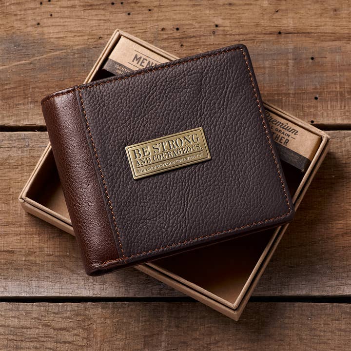 Christian Art Gifts - Wholesale Wallet - Men's - Wallet Leather Brown Be Strong & Courageous Badge