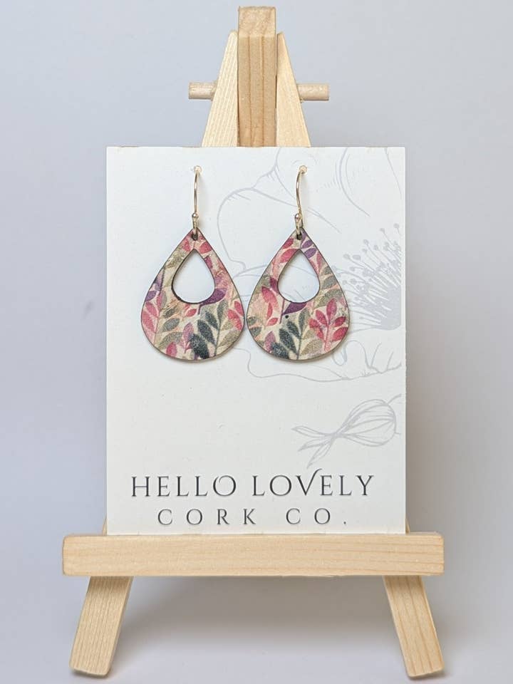 Green and Fuchsia Leaves Cork Earrings - Small Teardrop for wholesale by Hello Lovely Cork Co.