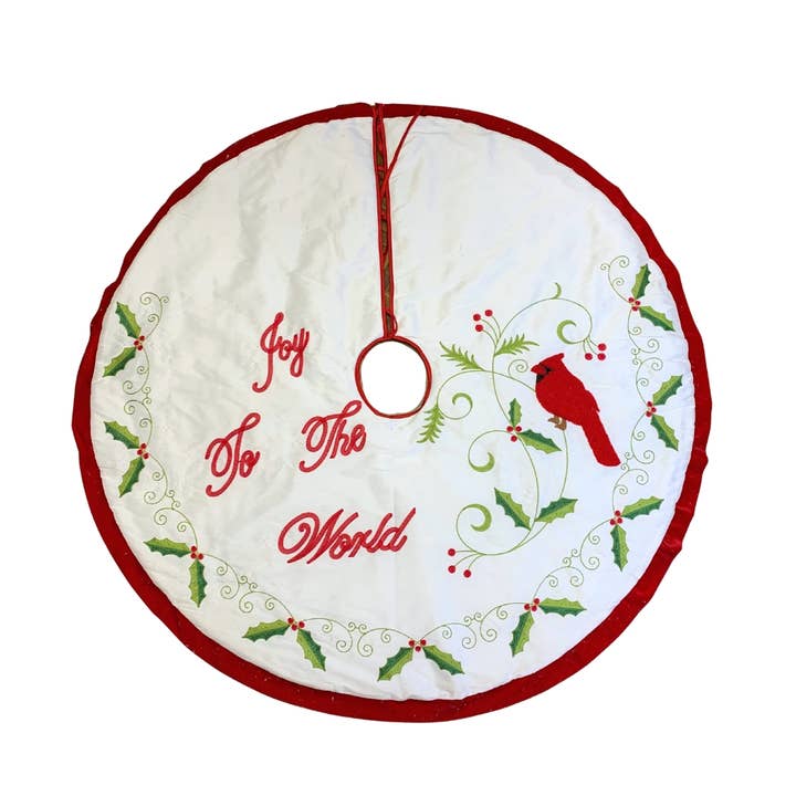 60" Round Joy to the world embroidery tree skirt for wholesale by David Christopher's Collection