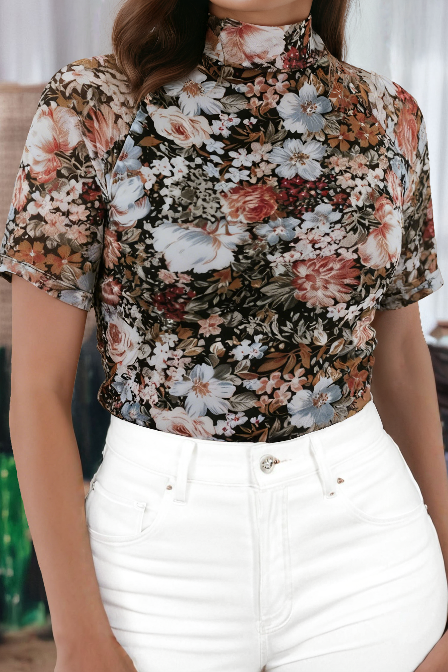 fashionworks - Wholesale Blouse - Women's - Fashion-W Floral Long Sleeve Mock Neck Sheath Mesh Blouse1