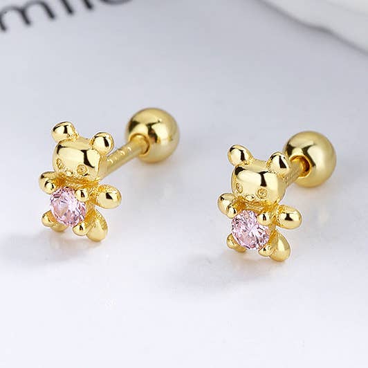 Cute Pink Teddy Bear Stud Earrings in 925 Sterling Silver for wholesale by Perimade & Co. LLC