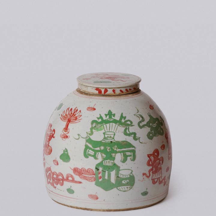 Cobalt Guild - Wholesale Decorative Jar - Pink & Green Rustic Porcelain Ancient Treasures Large Jar