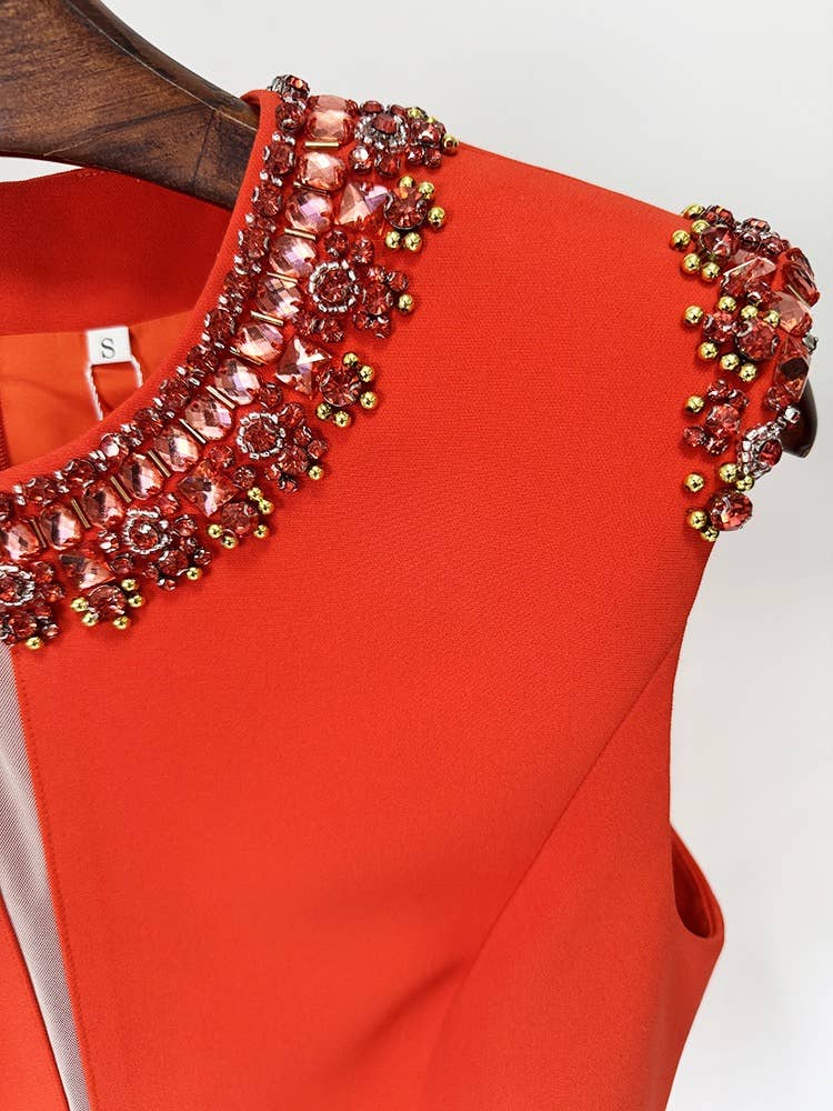 DR444Y Handmade Beaded Diamond Red Sleeveless Dress for wholesale on Faire4