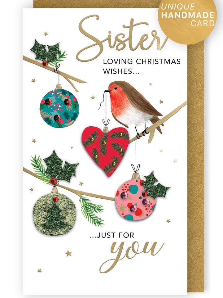 Zuster-Robin Kerstballen-Kerstkaart-Champagne-Tweede Natuur voor wholesale door Second Nature Ltd