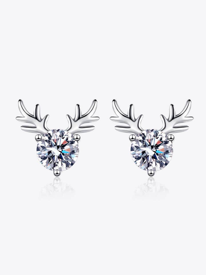 Rhodium-Plated Pure Sterling Silver Reindeer-Shaped Moissanite Earrings for wholesale by Sparkala