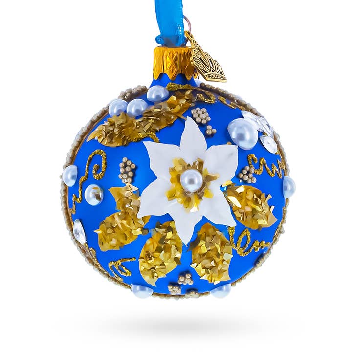 Baroque Style White Petal Flower with Gold Scrolls & Jeweled Accents Glass Ball Christmas Ornament for wholesale by BestPysanky