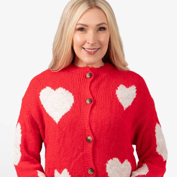 Lexi Wool Blend Cardigan - Red/Cream, Love Hearts for wholesale by Sarta