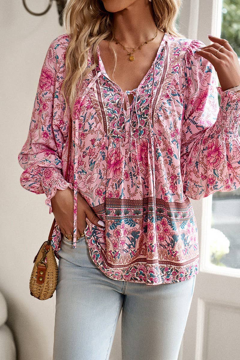 NINEXIS - Wholesale Blouse - Women's - CWTBLL3942_BOHO V-NECK TIE FRONT PRINTED LONG SLEEVE BLOUSE