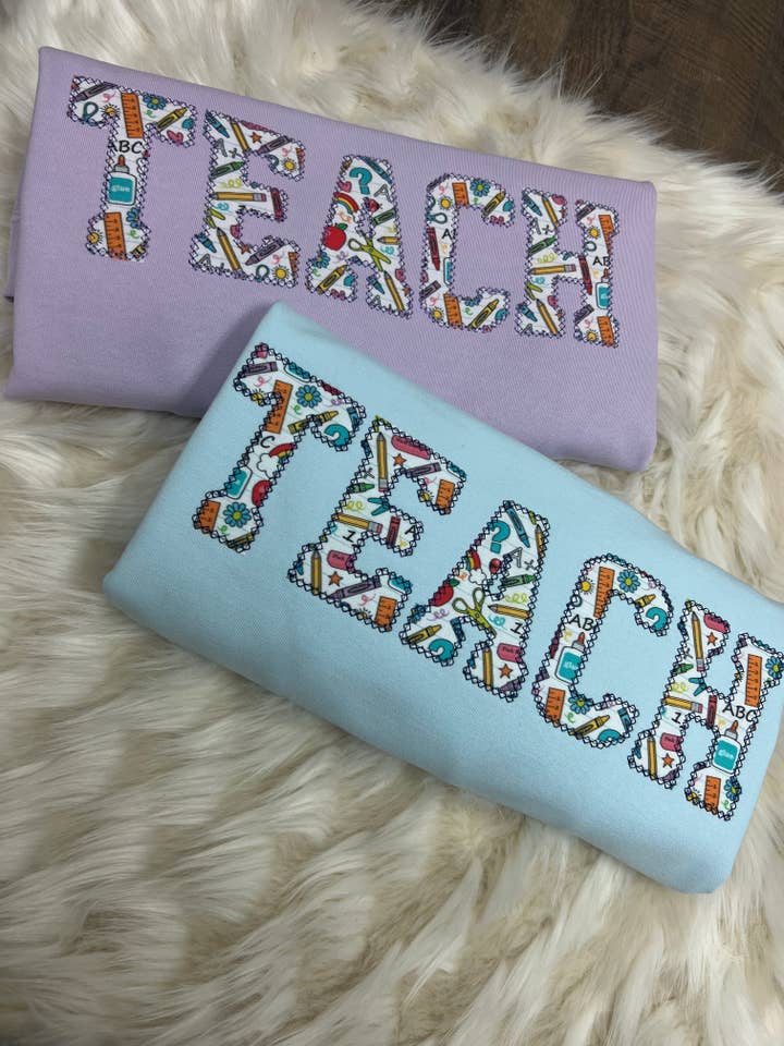 Comfort Colors Teach School Supplies Applique Embroidered Sweatshirt for wholesale by Everly Enchanted