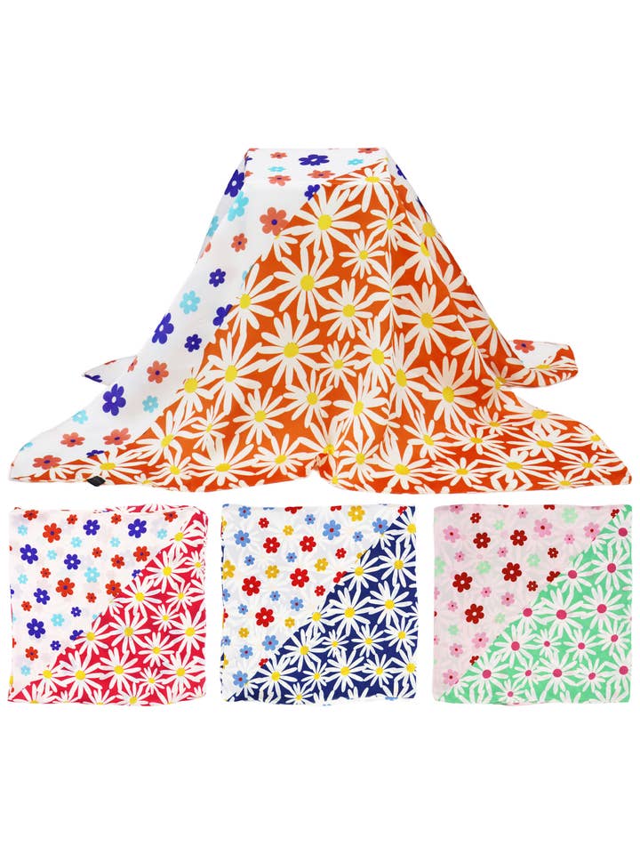 Split Daisy Semi-Sheer Faux Silk Square Scarf for wholesale by Cap Zone