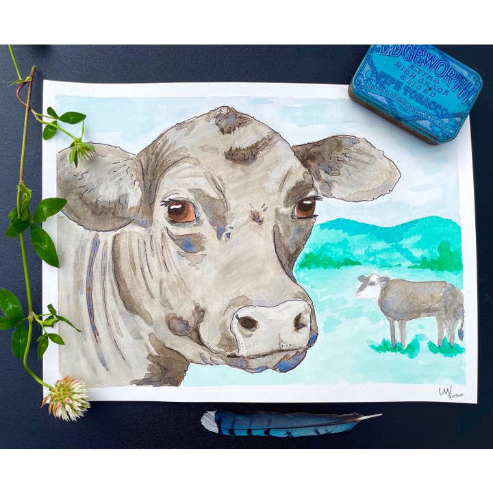 Angus Cow Landscape 8"X10" Watercolor Art Print - Ranch Art - Ranch Style - Farmhouse Style for wholesale by Okie Watercolors