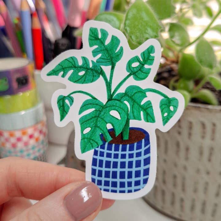 Monstera Sticker | houseplant, botanical, cute potted plant for wholesale by Emily Peet Illustration