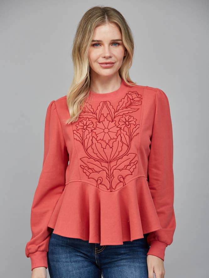EMBOSSED FLORAL EMB DETAIL PEPLUM SWEATSHIRT FT25502 for wholesale by FATE