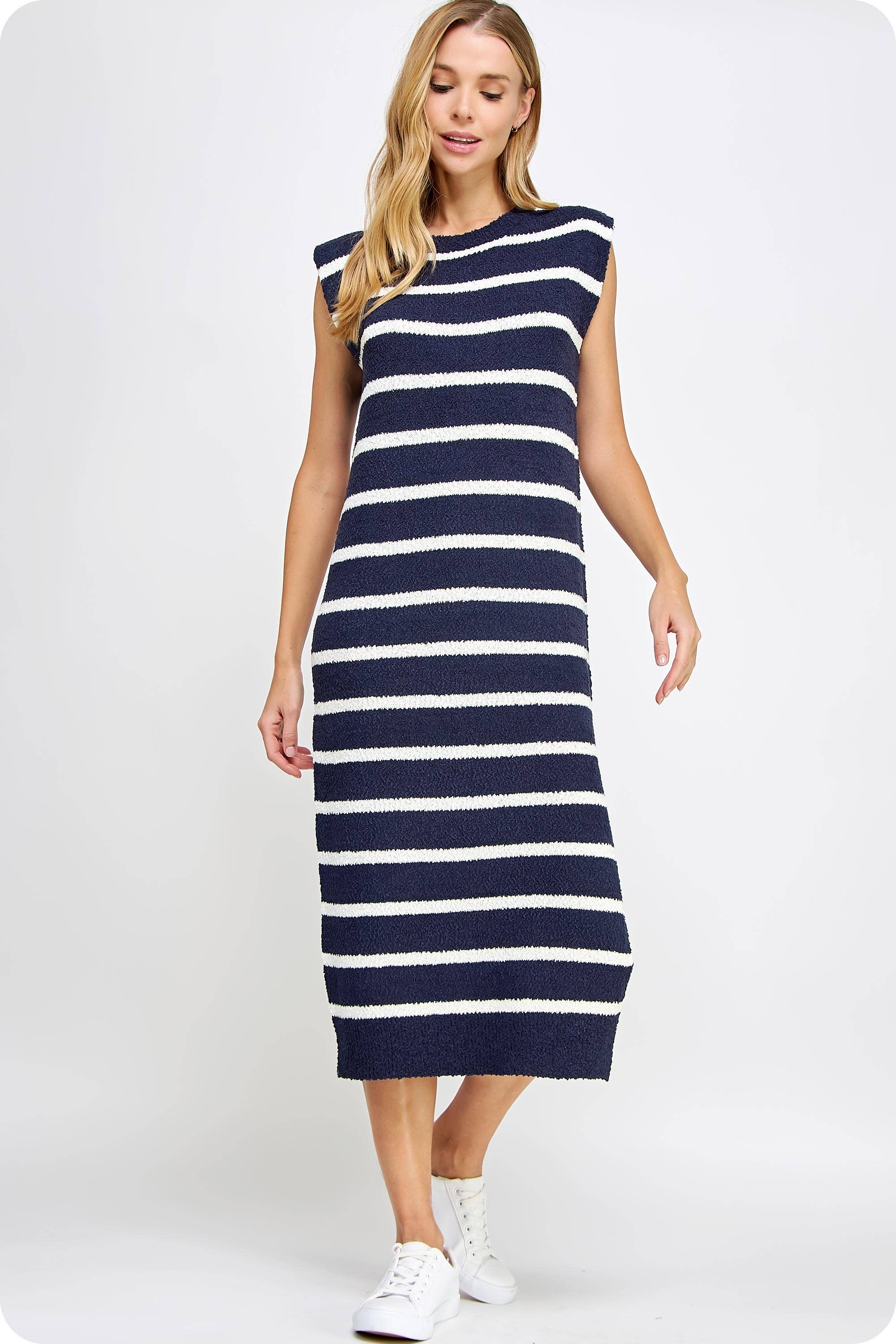 Strut & Bolt - Wholesale Dress - Women's - Shoulder Pad Sleeveless Textured Striped Knit Dress31