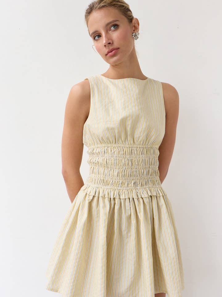 BUTTER YELLOW STRIPE Classic Pinstripe Mini Dress - RD1174 for wholesale on Faire